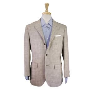 Paul Stuart Beige Brown Windowpane Woven Wool SIlk Linen Sportcoat Blazer 38S